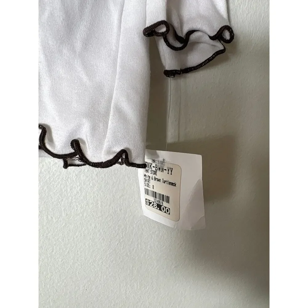 Girls Vintage NWT That Store White turtleneck with brown lettuce edge trim Sz 8